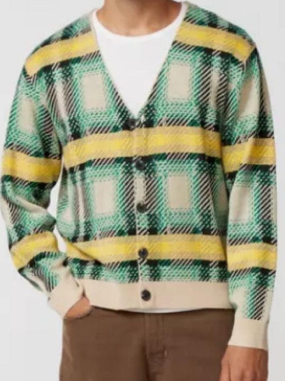 Urban Outfitters Plaid‎ Graphic Cardigan Mens Medium Grandpa Preppy Green Retro